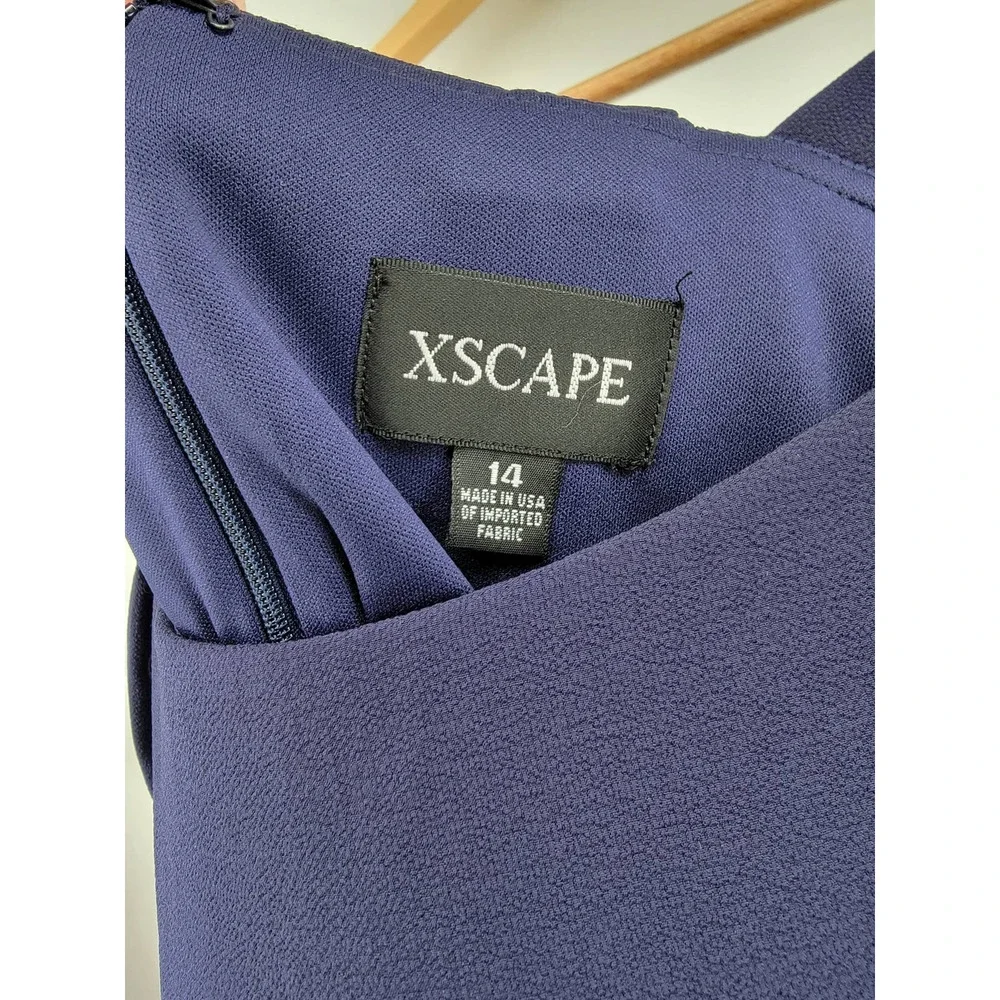 XSCAPE Navy Blue Ruched Crepe Gown NWT‎ Sz 14 Square Neck Hi-Lo Slit Formal Prom